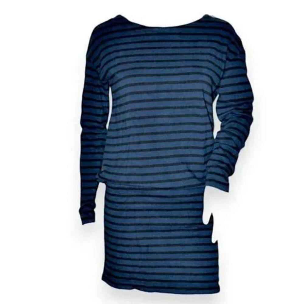 Vintage 90s Black Blue Striped Soft Jersey Stretch Pull On Tube Shirt Dress XS